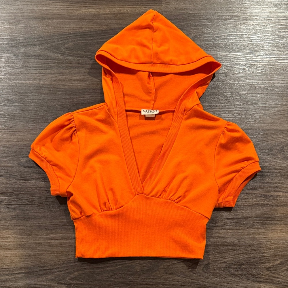 Vibrant Orange Hooded Crop Top Sweater Short Sleeve